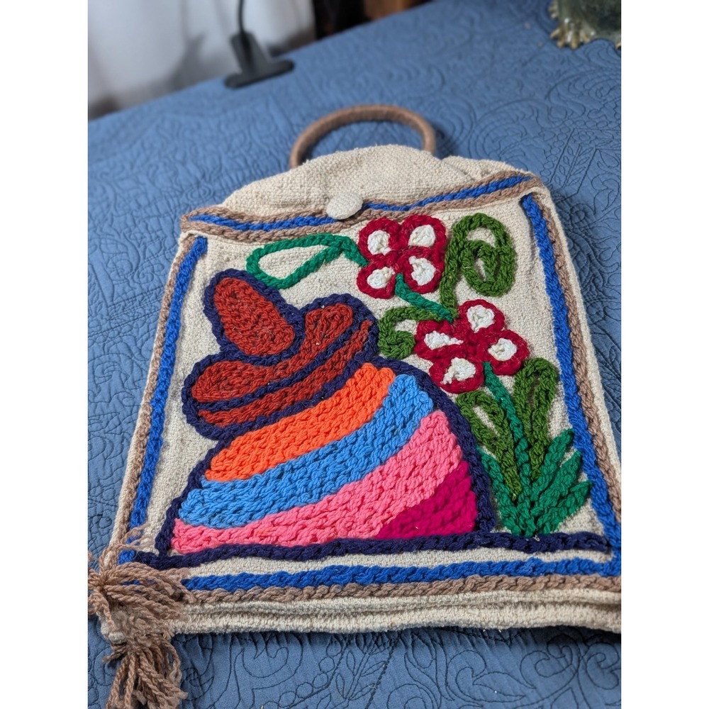 Hand Woven VTG Mexican Burlap Tote Bag Boho Crochet Sombrero Floral Motif 16"